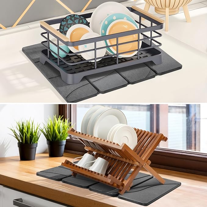 Small Stone Dish Drying Mat for Kitchen Counter 2 PCS 16×12 &amp 8x4 Quick Dry Stone Mats Foldable Water Absorbing Diatomite Drying Dish Pad for Countertop Bottles Utensils Cups(Carved Gray)