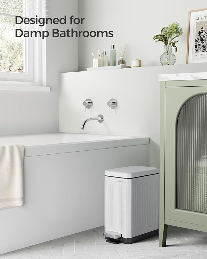 SONGMICS Bathroom Trash Can 2.6-Gallon (10 L) Trash Bin with Lid Slim for Small Spaces Stainless Steel Garbage Can Soft Close White ULTB562W01