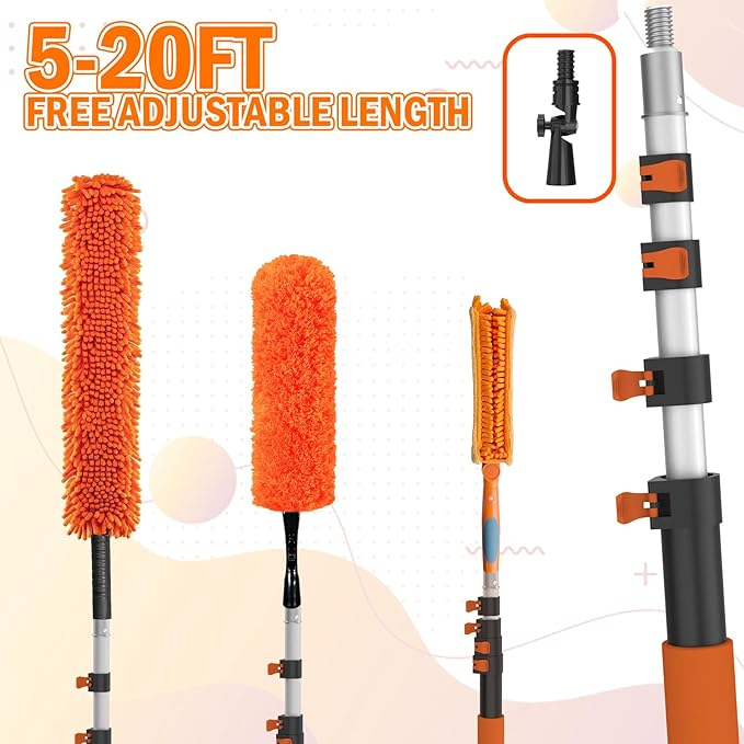26FT Reach Ceiling Fan Cleaner Duster Fan Blade Cleaner Kit with 5-20FT Extension Pole Microfiber Duster &amp Replaceable Cleaning Cloth for Blades Ceiling Furniture