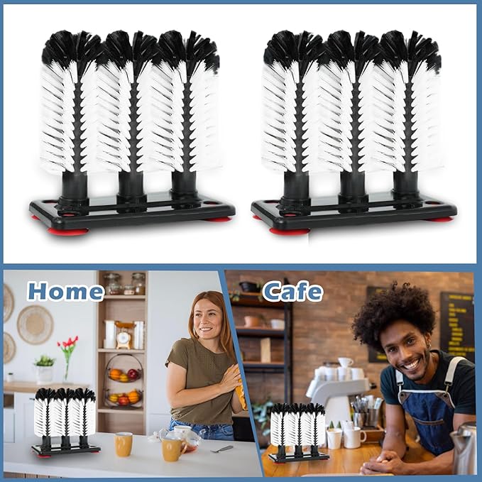 2 Pcs Water Bottle Cleaning Brush 7.3 x 3.7 x 7.5 Inch 3 Head Bristle Bar Glass Washer with Suction Base Washer Brush Cleaner for Cup Sink Wine Glass Bar Beer Cup
