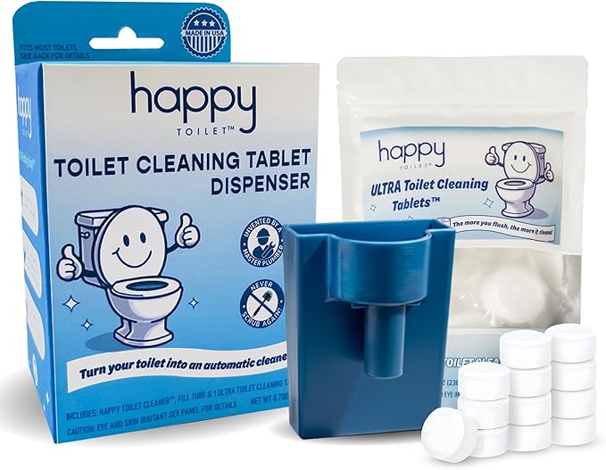 Happy Toilet Cleaner - Automatic Toilet Bowl Cleaner Toilet Tablet Holder &amp 12-Pack Ultra-Strength Cleaner Tablets - Easy to Install Self-Cleaning Toilet System Deep Clean with Every Flush