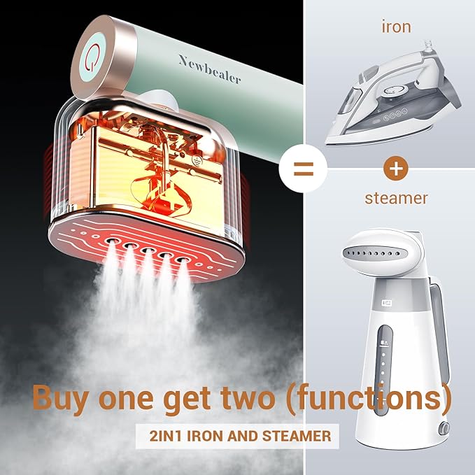Newbealer Steamer for Clothes 1200W Portable Steam Iron 2 Steam Levels Horizontal and Vertical Steaming Dry Ironing 15s Heat Up Rotatable 302°F Garment Wrinkle Remover Green (120V Only)