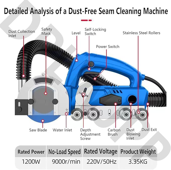 Electric Tile Gaps Crevice Cleaning Machine 1200w Portable Self-Vacuuming Floor Tile Seam Machine with 9000rpm Automatic Rebound for Cleaning Grout Between Tiles Floor seamopening-2.0mm