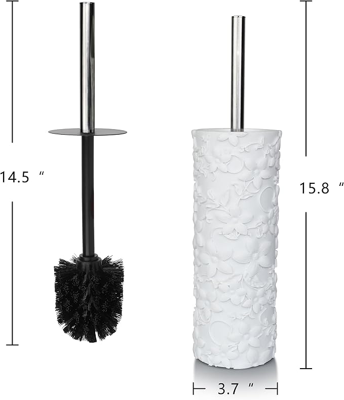 White Floral Design Resin Toilet Bowl Holder and Brush Set Stylish Bathroom Cleaning Tool with Durable Bristles Compact and Functional