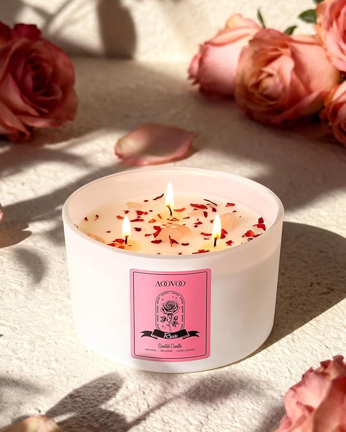 AOOVOO Rose Scented Candles for Women - 20oz 3 Wick Soy Candles for Home Scented Aromatherapy Candle with Crystals Inside Birthday Gifts Valentines Day Candle for Women Mom