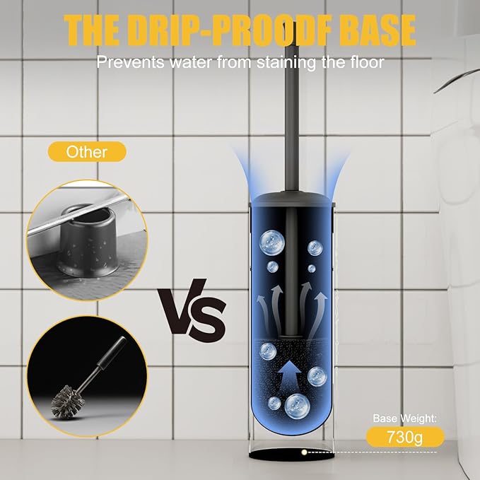 BESy Toilet Brush and Holder Toilet Cleaner Bowl Set with Two Brush with Extra Long Handle Durable Bristles Toilet Scrubber and Covered Holder Drip-Proof Stainless Steel Matte Black