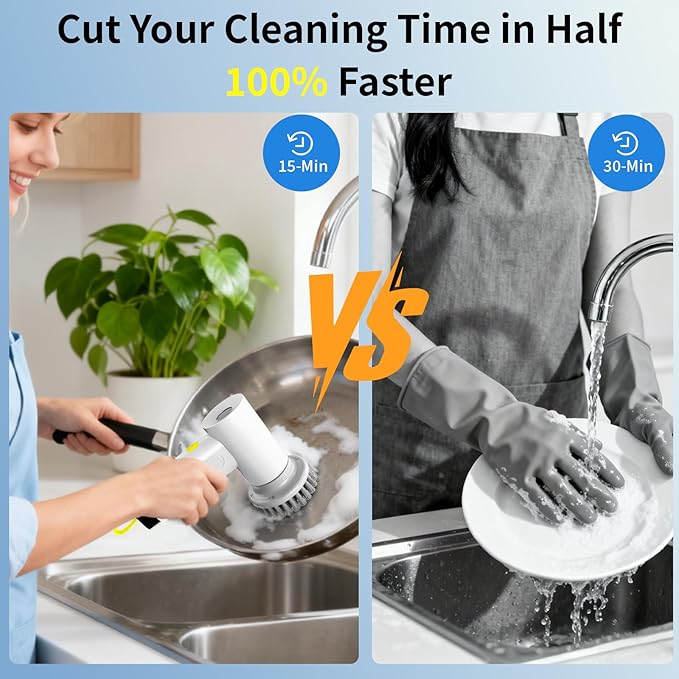 3000mAh Cordless Electric Spin Scrubber 20W High-Torque IPX7 Waterproof Cleaning Brush with 6 Replaceable Heads Dual Speed 150-180 Mins Runtime for Kitchen Bathroom Car