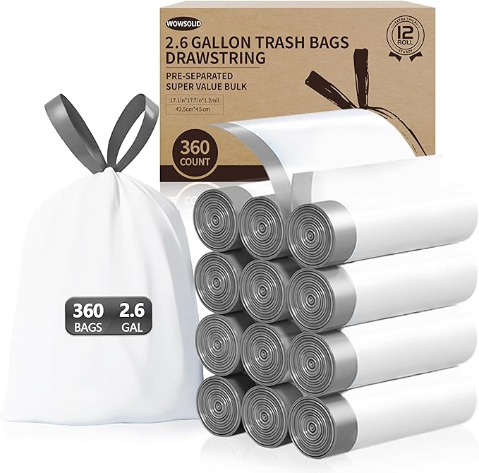 2.6 Gallon Mini Drawstring Trash Bags 360 Count 1.2 Mil Thick Small Garbage Bags by WOWSOLID Fit Liners 7.5-10 Liter 2-3 Gal Trash Can Bin for Bathroom Kitchen Bedroom Office