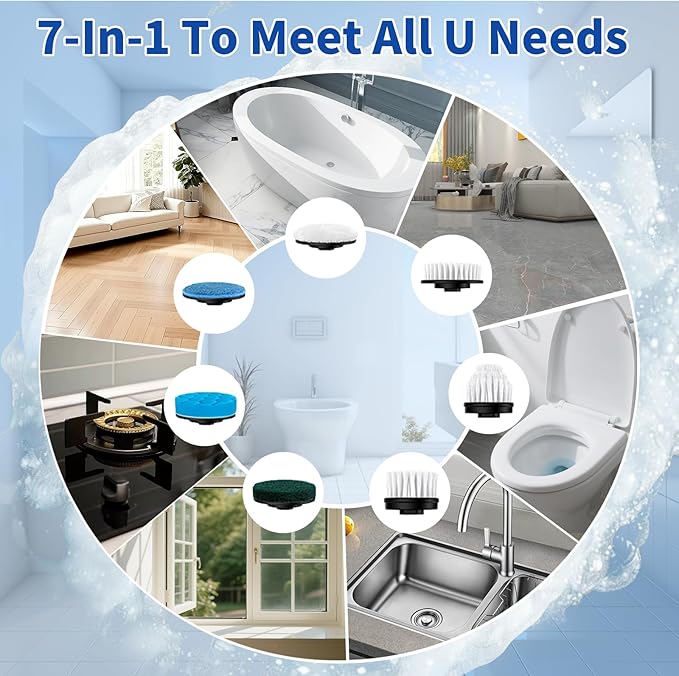 Electric Spin Scrubber Cordless Cleaning Brush Shower Scrubber with 7 Replaceable Brush 2 Speeds and Adjustable Extension Handle for Bathroom Shower Bathtub Glass Car(White)