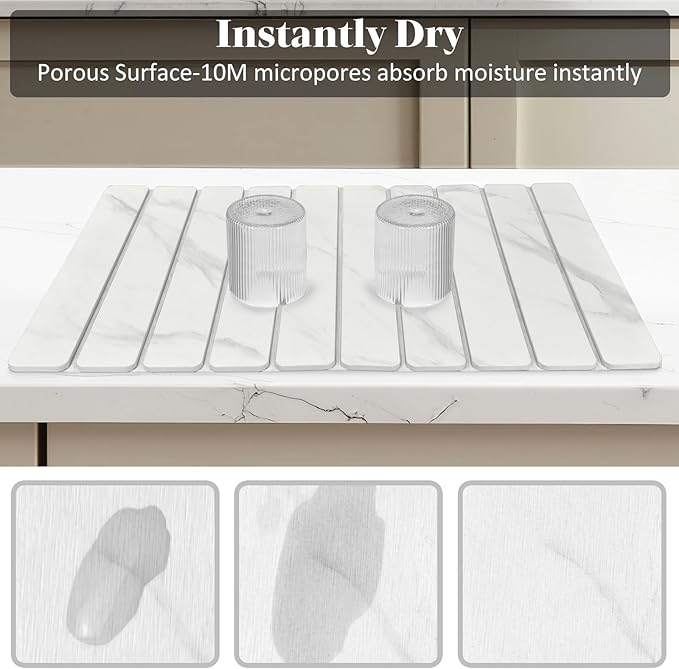 Large Stone Dish Drying Mats for Kitchen Counter 24(L)×16(W) Marble-Pattern Dish Drying Mat Eco-Friendly Absorbent Diatomaceous Earth Mats for Dishes Bottles Cups Match Any Countertop