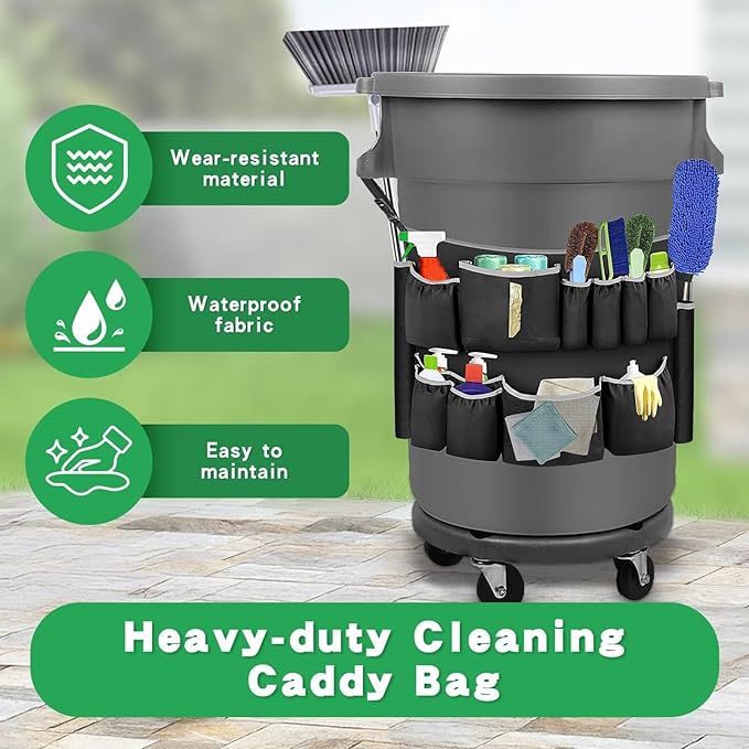 Trash Can Cleaning Tool Bag Trash Can Caddy Bag Multi Pockets Fit 32-55 Gallon Garbage Bin for Cleaning Janitorial Duty
