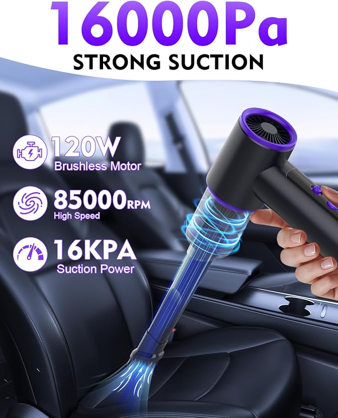 100-Speed Stepless Adjustable Mini Vacuum Cleaner: 16000PA Strong Suction Cordless Hand Held Car Vacuum and Air Duster with Digital Display Keyboard Vac for Sewing Machine Home Office Pet Hair