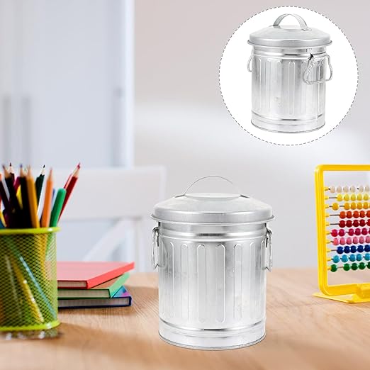 Mini Metal Trash can with Lid Bucket Shaped Small Wastebasket for Desktop Office Bedroom and Home Use Versatile Storage Barrel for Pens Flowers and Rubbish 7.48X5.70X5.11 Inches