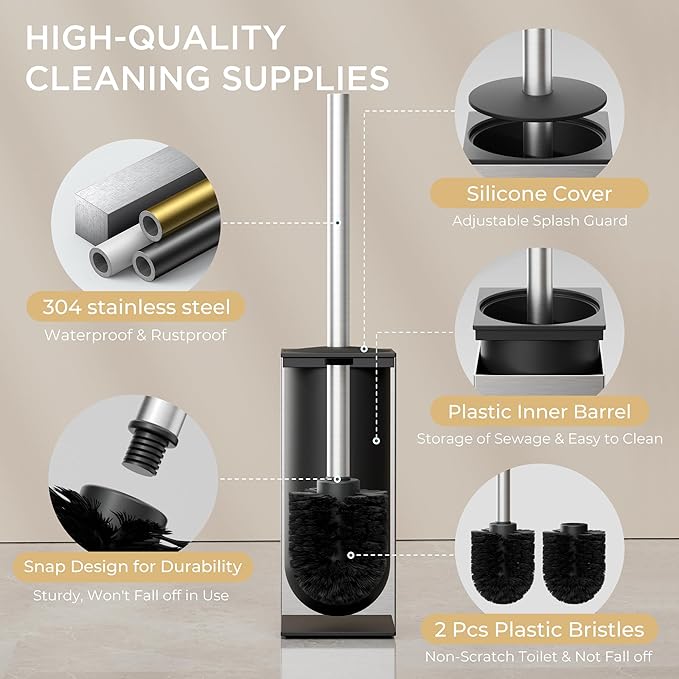 FORIOUS Toilet Brush and Holder Set Heavy Duty 304 Stainless Steel Base Square and Long Handle for Bathroom Deep Cleaning Drip-Proof Space Saving for Storage 2 Toilet Bowl Brush Head