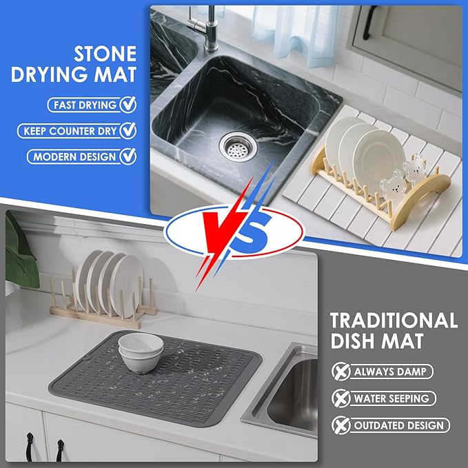 Stone Drying Mat for Kitchen Counter Large Quick Dry Stone Dish Drying Mat Collapsible Foldable Diatomaceous Earth Absorbent Bath Mat for Dishes Utensils Countertop Bathroom 23(L)×15.3(W)