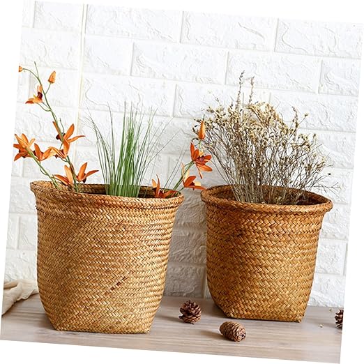 ARTIBETTER 2pcs Seagrass Waste Basket Woven Trash Can Garbage Container Bin Wicker Rattan Laundry Hamper Plant Pot Holder Sundries Storage Basket for Kitchen Bathroom Home Office