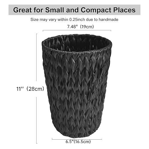 Wicker Trash CanSmall Trash CanHandwoven Waterproof Wicker Trash BasketRound Garbage CanCompact Waste Basket for BathroomBedroomOffice2 Gallon Black
