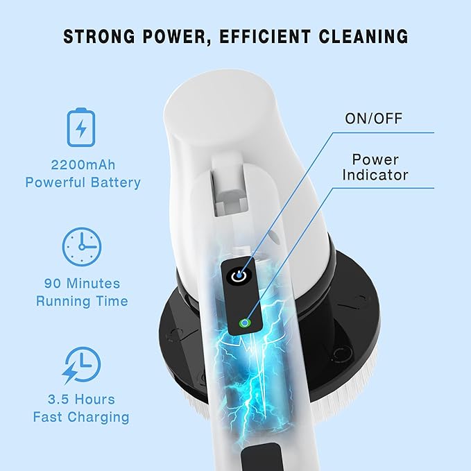 Electric Spin Scrubber Cordless Cleaning Brush with 7 Replaceable Brush Heads &amp Adjustable Extension Handle 2 Speed Power Shower Scrubber for Bathroom Tub Tile Floor (White)