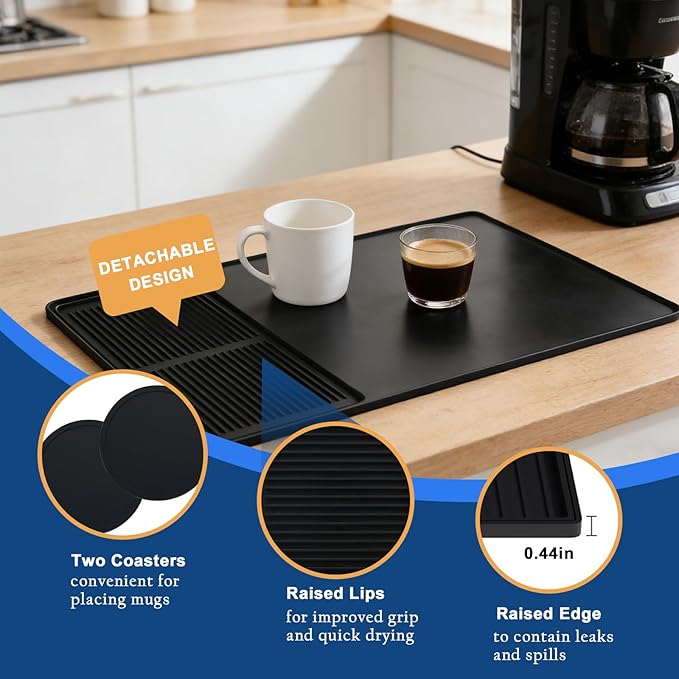 Mrcrypos Silicone Coffee Mat 16X24in Black - Non-Slip Espresso Countertop Mat Spill Proof Coffee Bar Mat for Kitchen Station with Detachable Dish Drying Mats Fit Cafes &amp Office Countertops