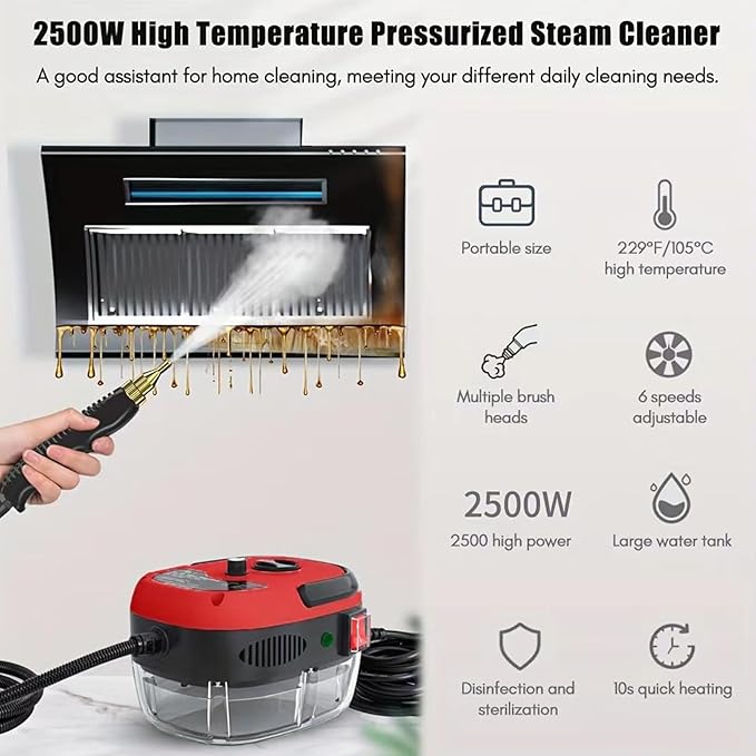 Handheld Steam Cleaner Portable Steam Cleaner with 3 Brush Heads 3BAR High Pressure Steam 2500W High Temperature Pressurized Steam Suitable for Car Beauty Kitchen Range Hood.