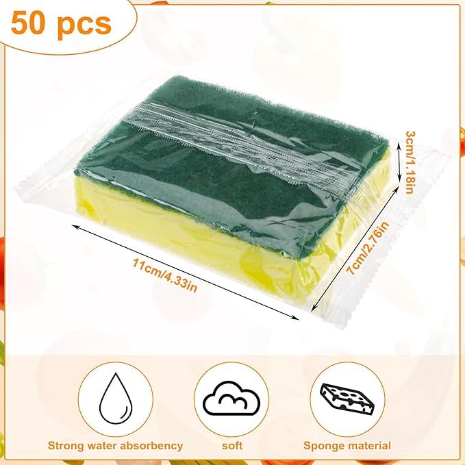 50 Pcs Individually Wrapped Sponges Uncompressed Non Scratch Scrouing Sponges for Household Cleaning Dishes Kitchen Airbnb Apartment Car Bike Green