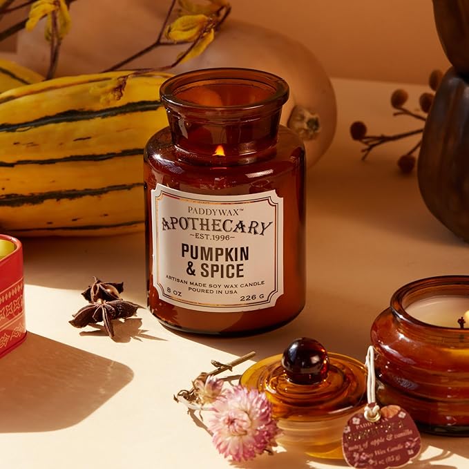 Paddywax Artisan Apothecary Scented Candle with Lid in Reusable Glass Jar Clean-Burn Soy Candle with Approx. 54 Hour Burn Time Pumpkin &amp Spice 8 oz.