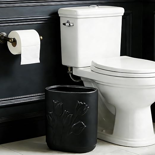 Black Ceramic Tulips Small Bathroom Trash Can 2.6 Gal (10 Liter) - Heavy &amp Decorative Garbage Bin for Bathroom Kitchen Office Bedroom &amp Living Room Corner