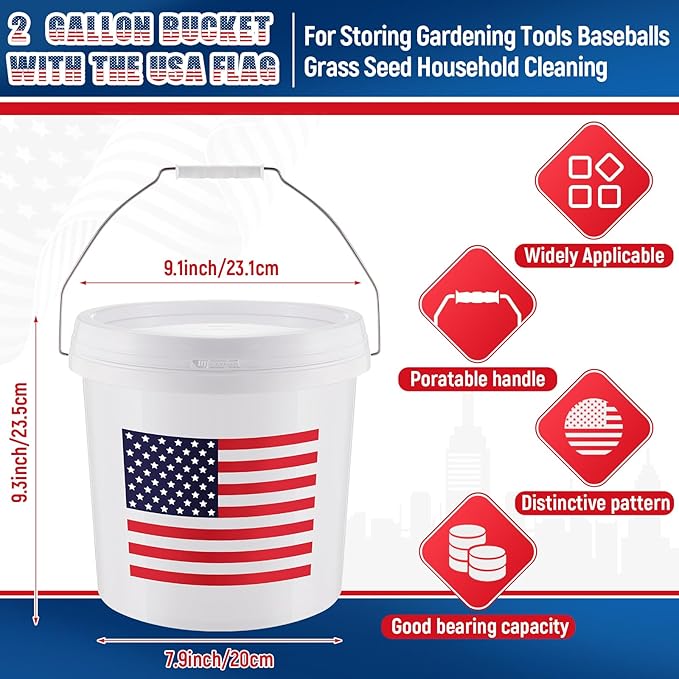 4 Pcs 2 Gallon Plastic Bucket with Lid and Handle Large White Heavy Duty Bucket with American Flag for Home Gardening Tools Household Cleaning Baseballs Storage Container