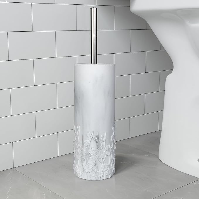 Marble Cherry Blossom Design Resin Toilet Brush and Holder Set for Bathroom Stylish Design with Durable Bristles and Compact Storage