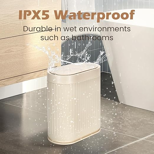 Bathroom Trash Can with Lid Automatic 2 Gallon Sensor Trash Bin 7.5 Liter Smart Rubbish Bin Motion Sensor Waterproof Bathroom Decor Plastic Narrow Garbage Can for Bedroom Office Beige