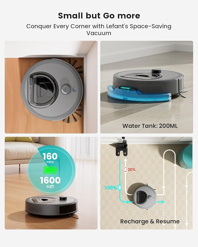 Lefant Robot Vacuum and Mop Upgraded LiDAR Navigation 450ml Visible Dustbin Strong Suction Multi-Floor Mapping Self-Charge WiFi/Alexa/APP Multi-Surface Cleaning M330 Pro Grey