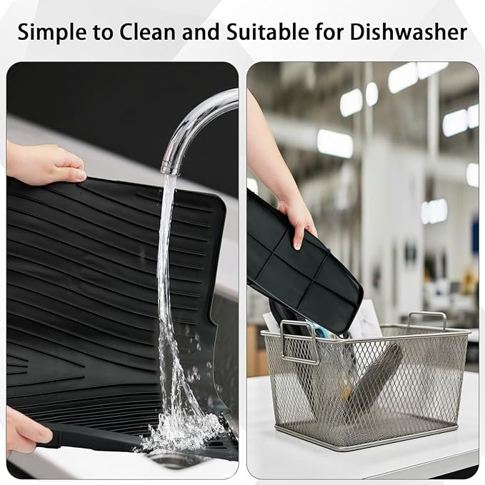 2 Pcs Extra Large Silicone Dish Drying Mat with Drain Lip 23.6 x 19 Inch Dish Drainer Liner Rubber Counter Drying Pad for Kitchen Sink Drawer (Black)