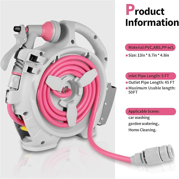 Garden Retractable Hose Reel Portable Simple Home Hose Reel 45+5 FT with 7 Patterns Spray Nozzle Wall Mounted and Any Length Lock for Garden Watering Car Washing Pet (Red Rose)