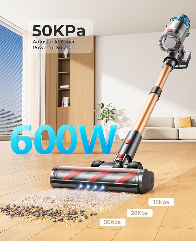 Cordless Vacuum Cleaner 600W/50Kpa Stick Vacuum Cleaners 65 Mins Max Runtime with Charging Dock Self-Standing Handheld Vacuum with Touch Display 6-in-1 Vacuum Cleaner for Carpet/Hard Floor/Pet Hair