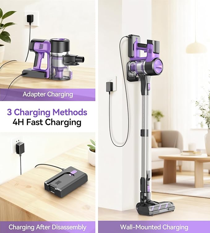 S10 Cordless Vacuum Cleaner 55Kpa 60mins Lightweight Stick Vacuum with Powerful Suction for Home Rechargeable Self-Standing Handheld Vacuum Cleaners for Hardwood Floors Carpets Purple