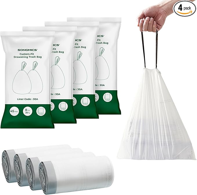 SONGMICS Trash Bags for 8-Gallon (30 L) Trash Cans Drawstring Kitchen Garbage Bags Pre-Separated Liner Code 30A 4 Rolls 180 Count White UKRB030A04
