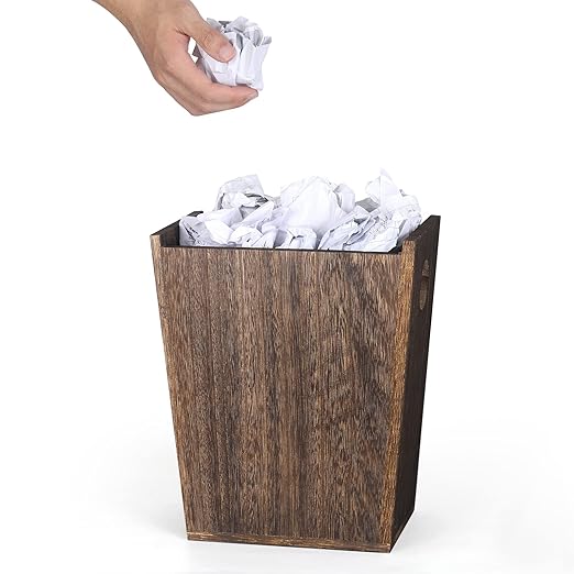 Wood Trash Can Wastebasket Small Rectangular Farmhouse Rustic Garbage Bin with Handles for Bedroom Bathroom Kitchen Office Brown