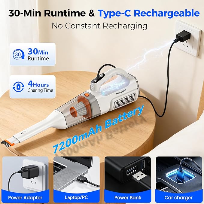 Heapsion Handheld Vacuum Cleaner Cordless 7000Pa Suction Portable Pet Hair Vacuum 30-Min Runtime Rechargeable Type-C Lightweight with Telescopic Tube for Car Home &amp Office with Telescopic Tu