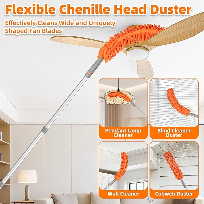 Ceiling Fan Cleaner Duster with 6 Ft/77'' Extension Pole Multi-Functional Chenille Duster Cleaner Kit for Cleaning Fan Blade Baseboard Blind Cobweb High Ceiling Walls - Reusable &amp Machine Wash