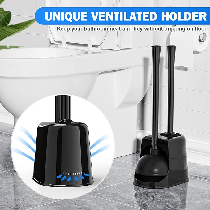 Toilet Plunger and Brush Set2 Pack Bowl Brush and Heavy Duty Toilet Brush with Ventilated Holder 2-in-1 Toilet Brush and Plunger Combo for Bathroom Deeply Cleaning（Black）