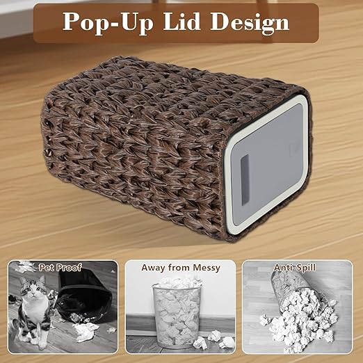 Bathroom Small Trash Can with Lid2.6 Gallon Small Garbage Can with Rattan Basket Slim Wicker Wastebasket Trash Can Press Top Lid for BathroomKitchenOfficeLiving RoomBedroom Brown
