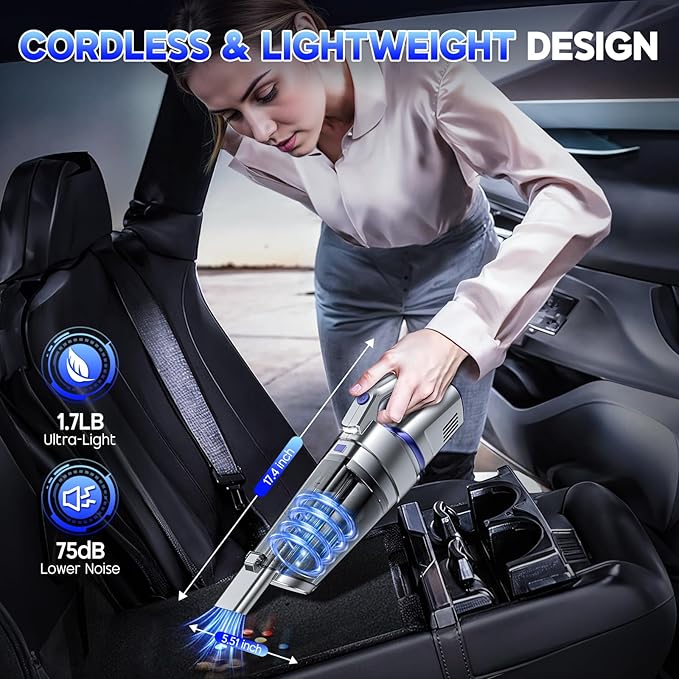 Handheld Vacuum Cordless 16000PA Strong Suction Hand Held Car Vacuum Cleaner Portable Hand Vacuum Rechargeable with Multi-Nozzles &amp LED Light for Home Car Office Pets