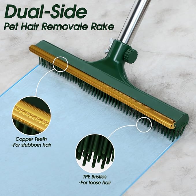 Carpet Rake for Pet Hair Removal 60’’ Dual-Side Pet Hair Removal Tool with Adjustable Handle 3 in 1 Reusable Lint Remover Dog Cat Fur Remover Broom for Rugs Mats Beds Stairs Couch