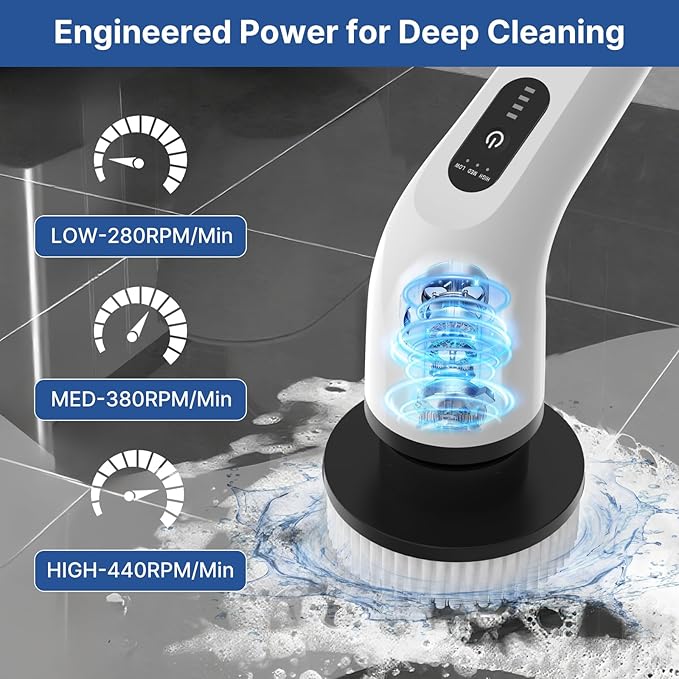 8 in 1 Electric Spin Scrubber for Cleaning Bathroom 3000mAh Power Scrubber Cordless Cleaner with Long Handle 3 Speeds Bathtub House Clean Brush Deep Cleaning for Tile Shower Wall Floor