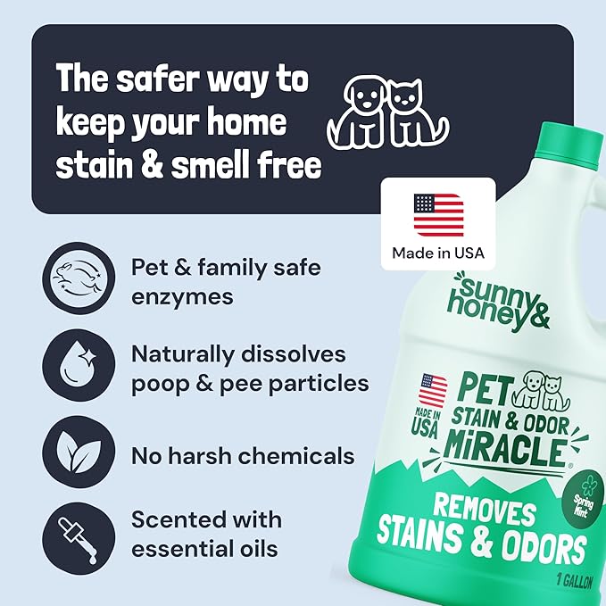 Sunny &amp Honey Pet Stain and Odor Remover - Enzyme Cleaner for Dog Urine and Poop on Carpets and Furniture - Strong Pet Carpet Cleaner Spray (1 Gallon Mint)