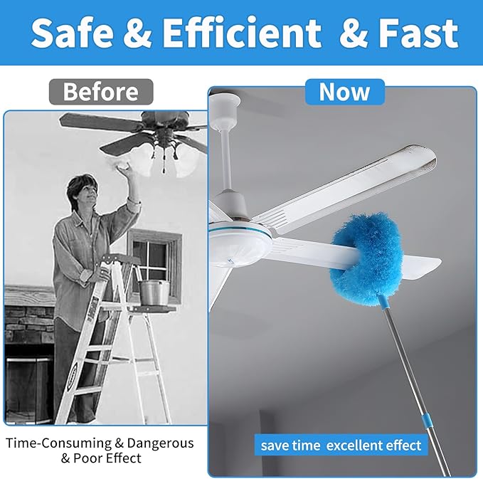 Ceiling Fan Cleaner Duster &amp Cobweb Duster with Extension Pole 15 -100 Reusable Microfiber Ceiling Fan Blade Cleaner Removable Duster (Blue) for Cleaning High Ceiling Fan Interior Roof Spider We