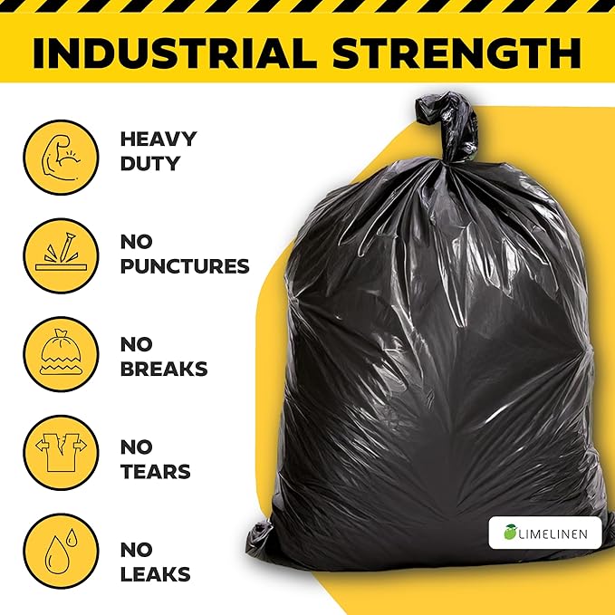 Lime Linen 96 Gallon Heavy Duty Contractor Garbage Bags | Industrial Construction &amp Yard Waste | 36 Pack Extra Thick 3 Mil Twist Ties Included for Secure Closure