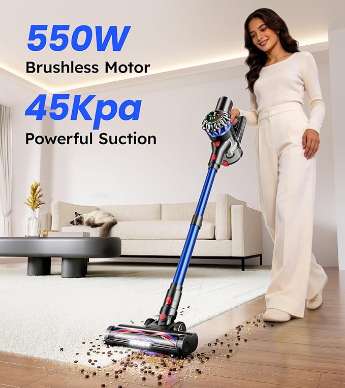Cordless Vacuum Cleaner 550W 45Kpa 65Mins Stick Vacuum with Self-Standing Touch Screen Anti-Tangle Rechargeable Wireless Vacumm Vacuum Cleaners for Home/Pet Hair/Carpets/Hardwood Floor