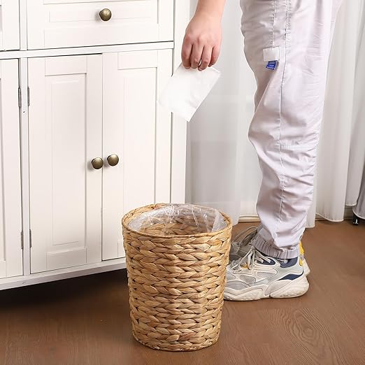 2 Pcs Wicker Trash Can with Lid and Liner 2.7 Gallon and 1.88 Gallon Wastebasket Garbage Can Boho Storage Basket for Bathroom Bedroom Home Office Kitchen