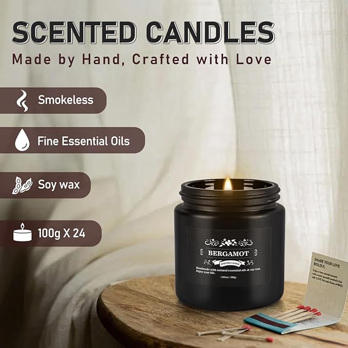Scented Candle Set 24 PackBlack Candle for Home Scented Odor Eliminating Stress Relief Long Lasting Soy Wax Gift Set